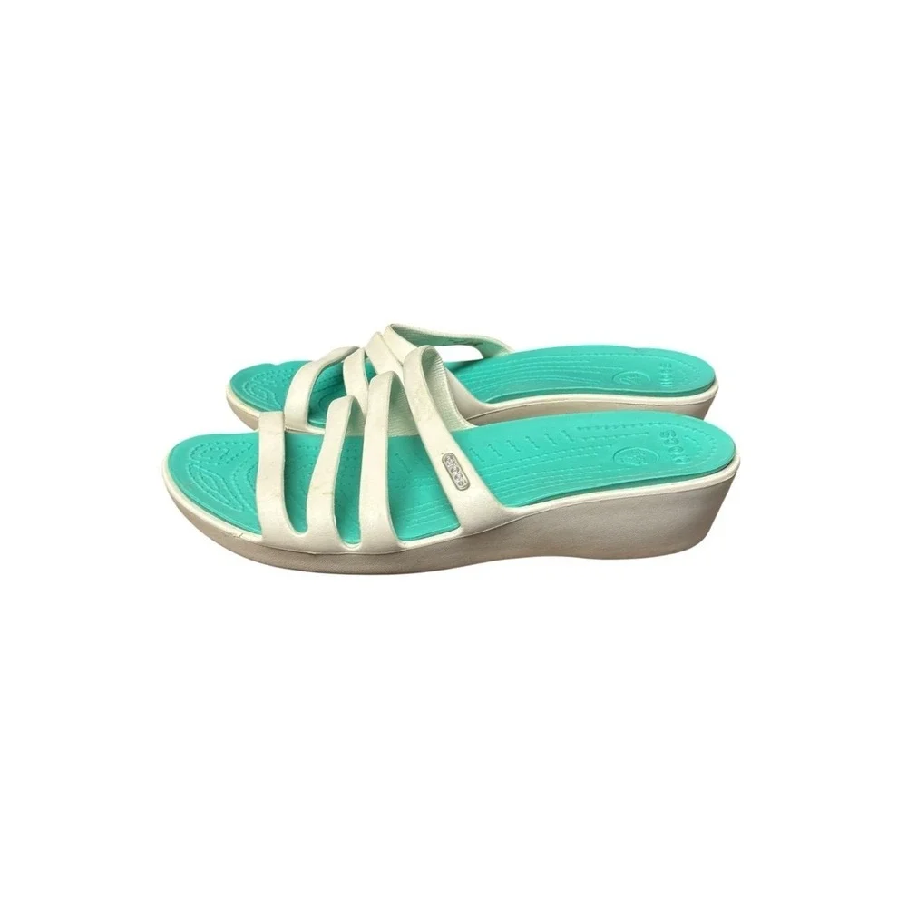 Crocs Women's Sanrah White Teal Strappy Wedge Sandals Size 8‎